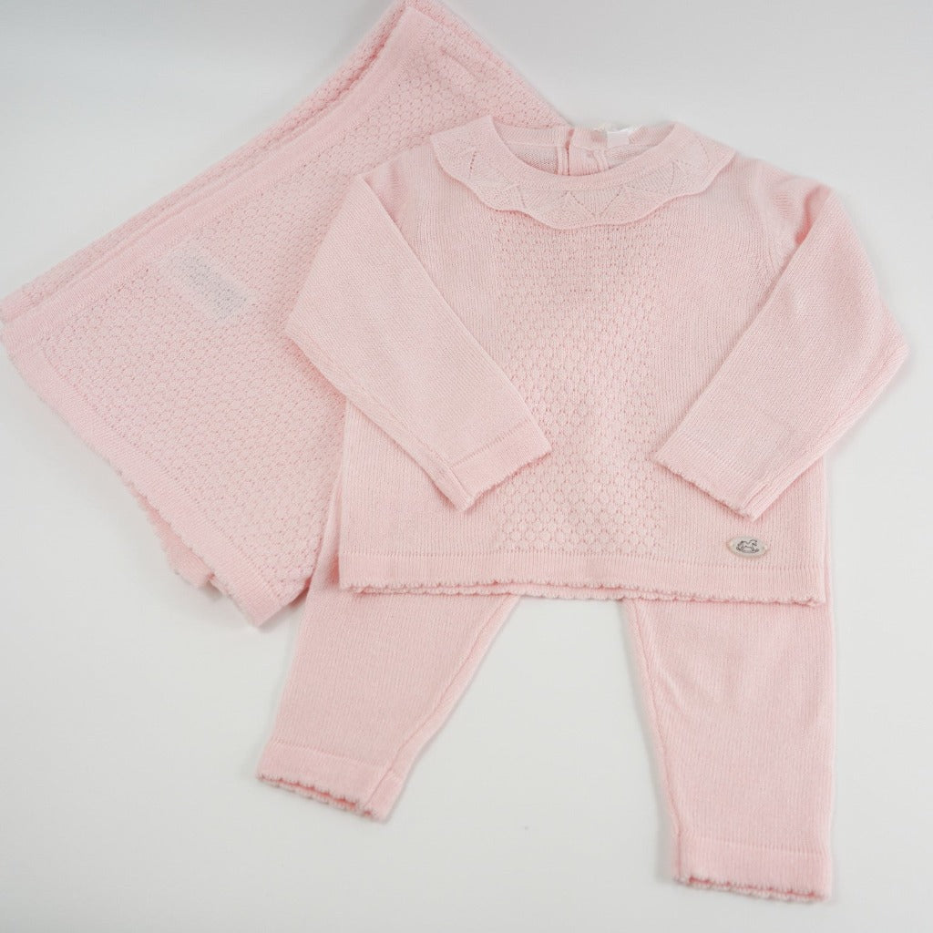 Soft pink baby fine knitted set, baby soft knitted jumper with frilled collar, baby soft pink knitted bottoms with scalloped edge, pink soft knitted baby shawl