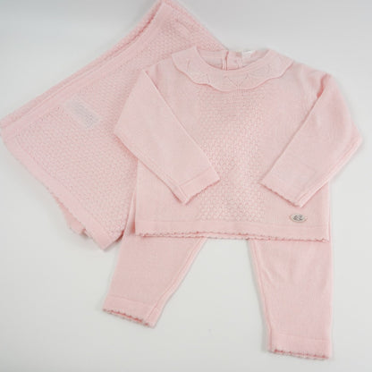 Soft pink baby fine knitted set, baby soft knitted jumper with frilled collar, baby soft pink knitted bottoms with scalloped edge, pink soft knitted baby shawl