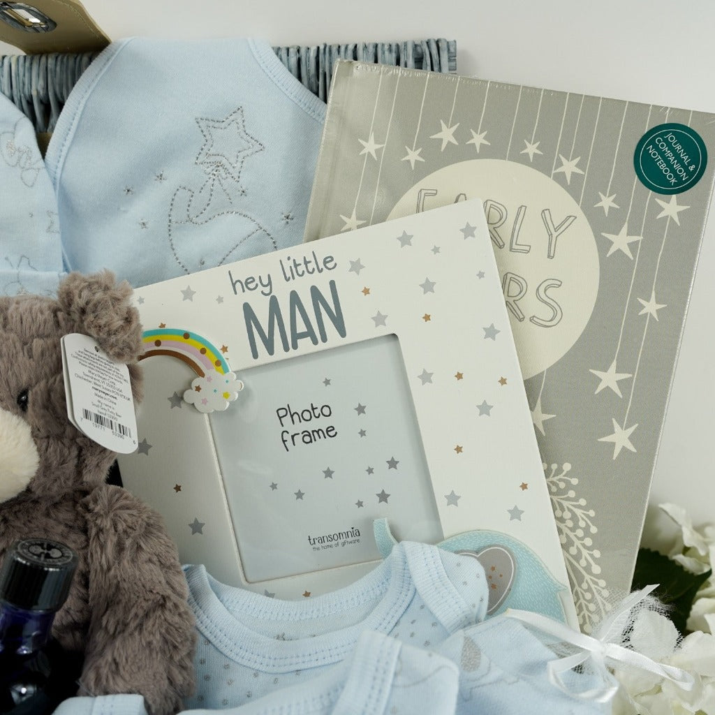 baby boy picture frame with a rainbow and blue elephant, grey baby journal 
