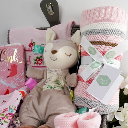 grey hamper basket with a soft fawn lovey with taggies, pink stripe baby blanket heavy weight, baby balck and white book, pink knitted booties, floral baby set, studio chocolate bar