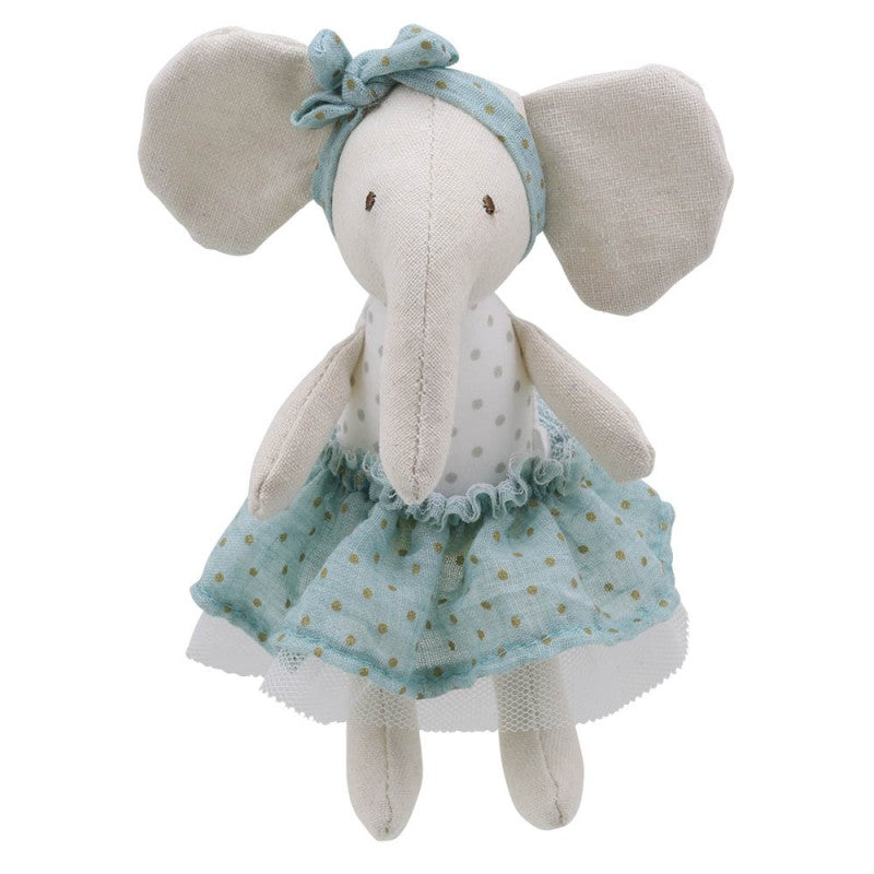 Wilberry collectables cream elephant toy in pale green spot skirt with matching headband 
