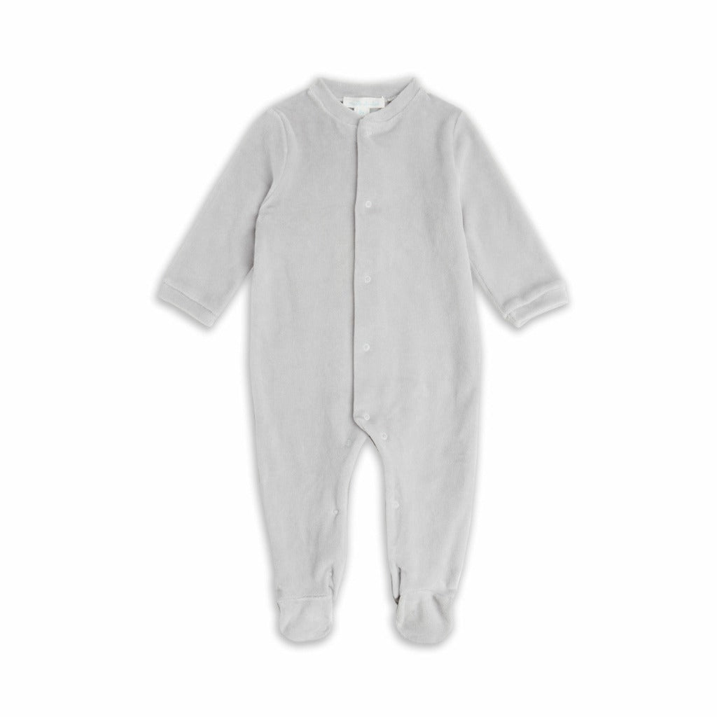Grey velour baby sleepsuit with silver angel wings on the back by Marie Chantal