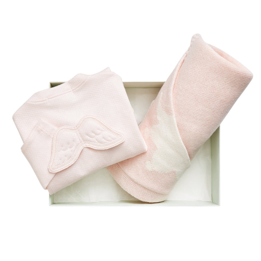 Soft pink blanket with a white crown, pale pink prima cotton sleepsuit with angel wings by Marie Chantal in a gift box