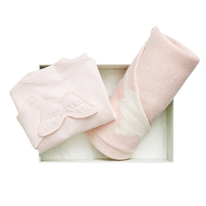 Soft pink blanket with a white crown, pale pink prima cotton sleepsuit with angel wings by Marie Chantal in a gift box