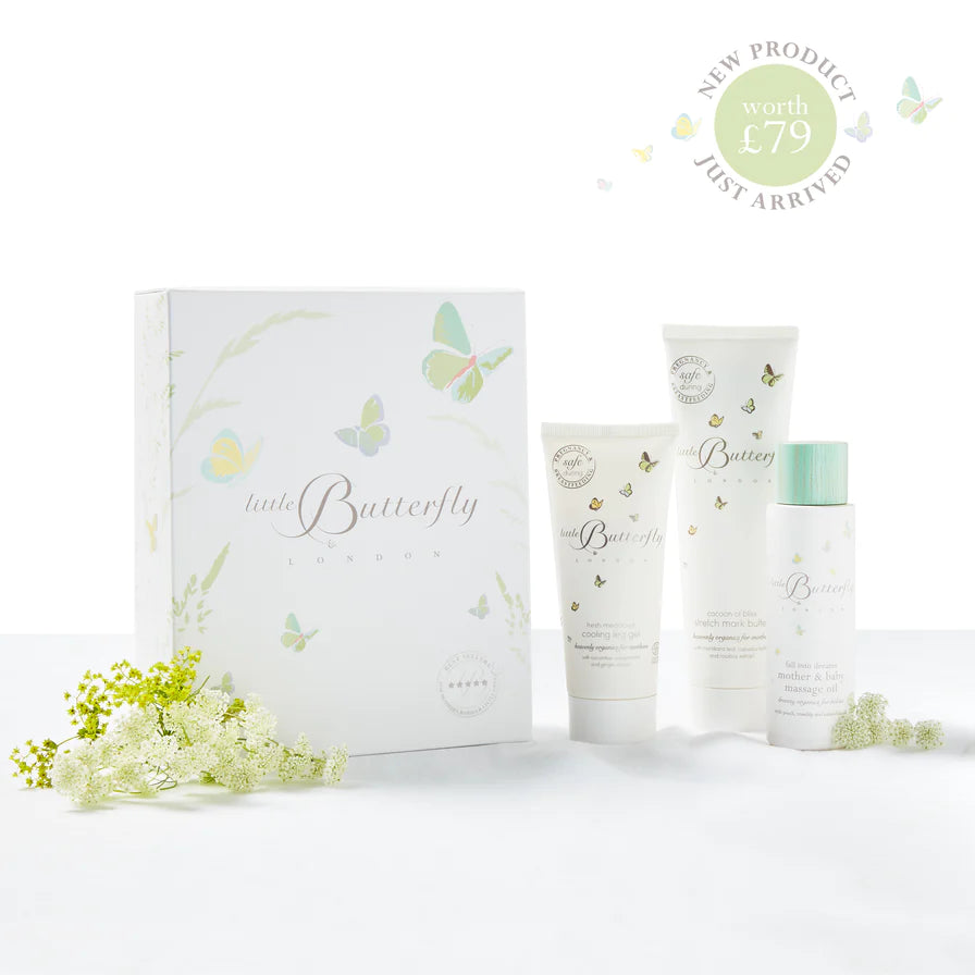 Little butterfly london gift set containing organic toiletries for a mum to be including cooling leg gel, mother and baby massage cream and stretch mark cream