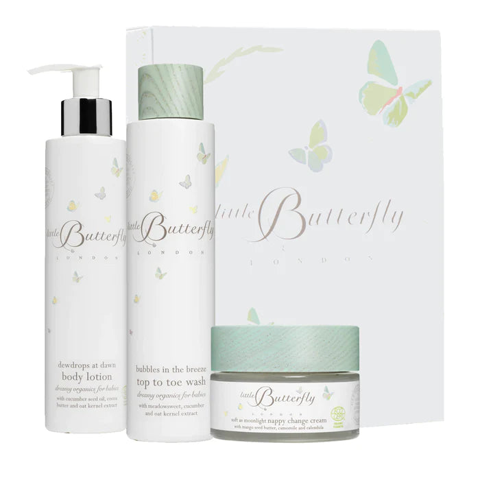 baby organic toiletries by Little butterfly London, Baby boy lotion, baby top to toe wash, baby organic nappy cream all beautifully presented in a white gift box