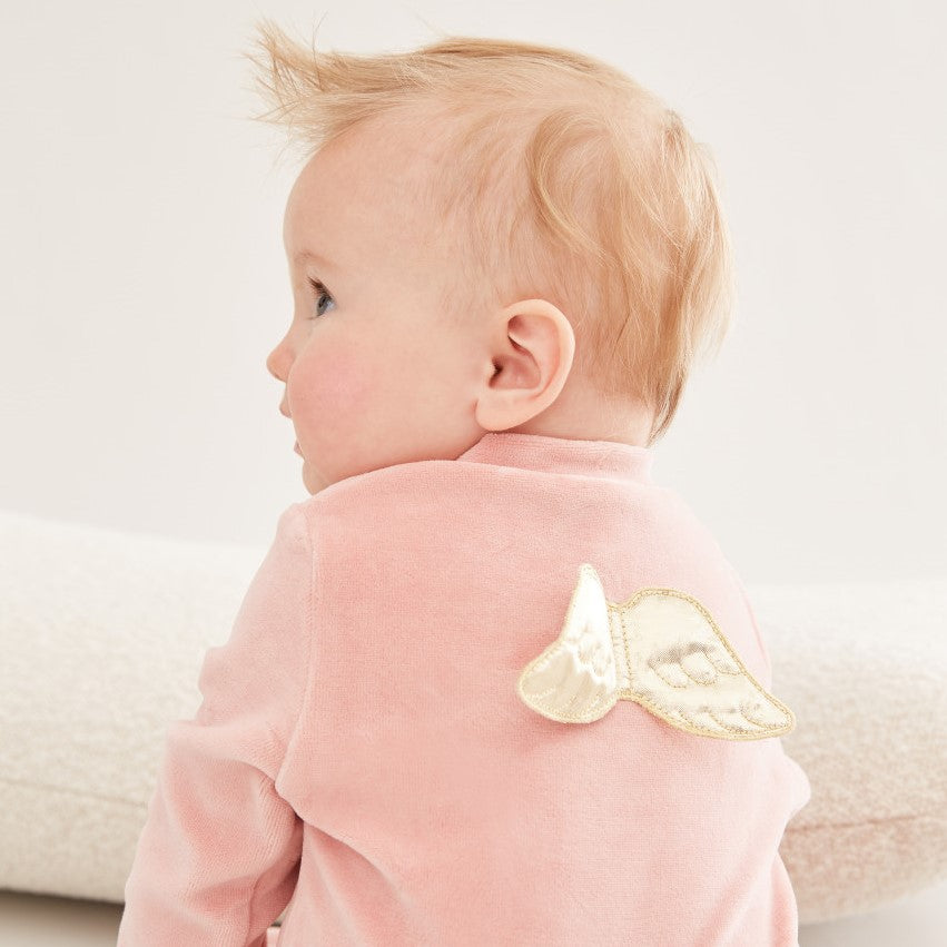 Marie Chantal Angel Wing Gold Velour Baby Sleepsuit, Dusty Pink Baby Girl Baby Clothes, Baby Shower Gift