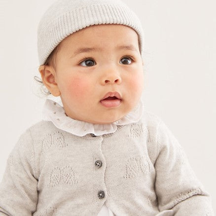 Cashmere blend baby cardigan in grey with angel wings eyelet design