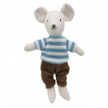 White boy mouse soft toy in a striped jumper and brown trousers