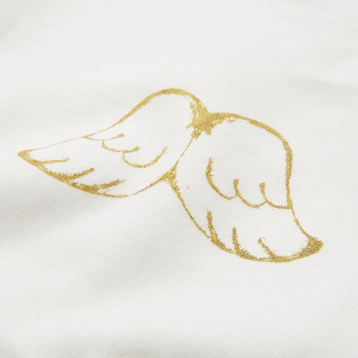 creamy white baby jersey two peice set including cross over white top with gold angle wings on the back, draw string matching creamy white jersey pants and a matching draw string bag by Marie Chantal