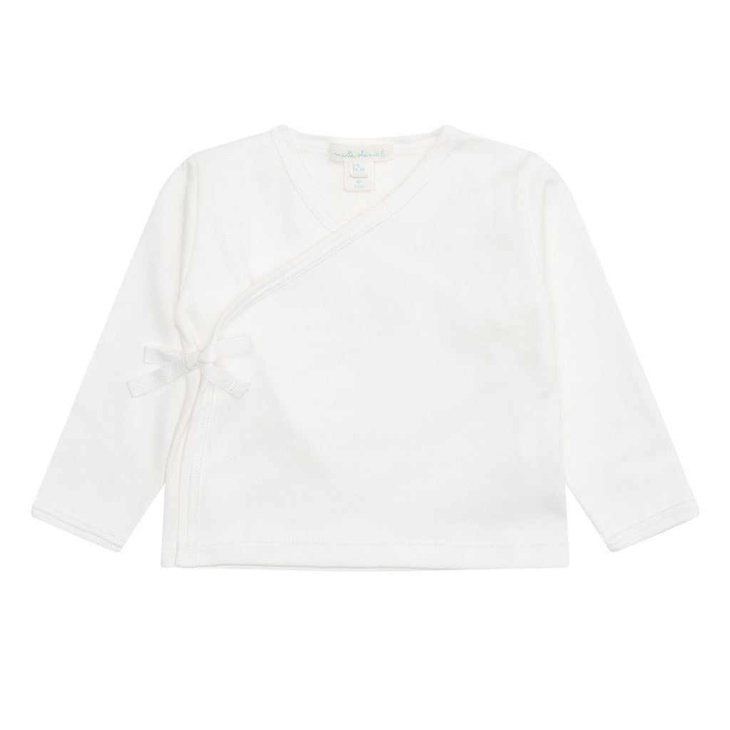 creamy white baby jersey two peice set including cross over white top with gold angle wings on the back, draw string matching creamy white jersey pants and a matching draw string bag by Marie Chantal