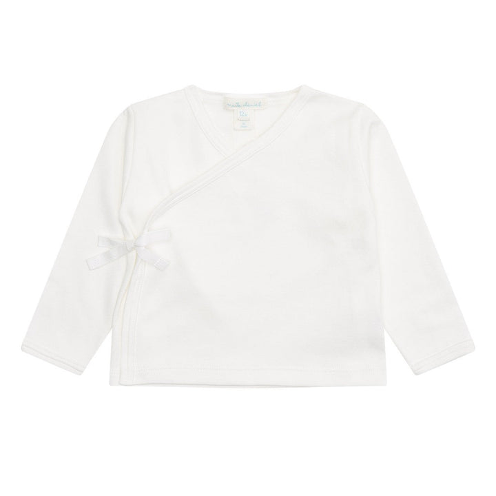 creamy white baby jersey two peice set including cross over white top with gold angle wings on the back, draw string matching creamy white jersey pants and a matching draw string bag by Marie Chantal