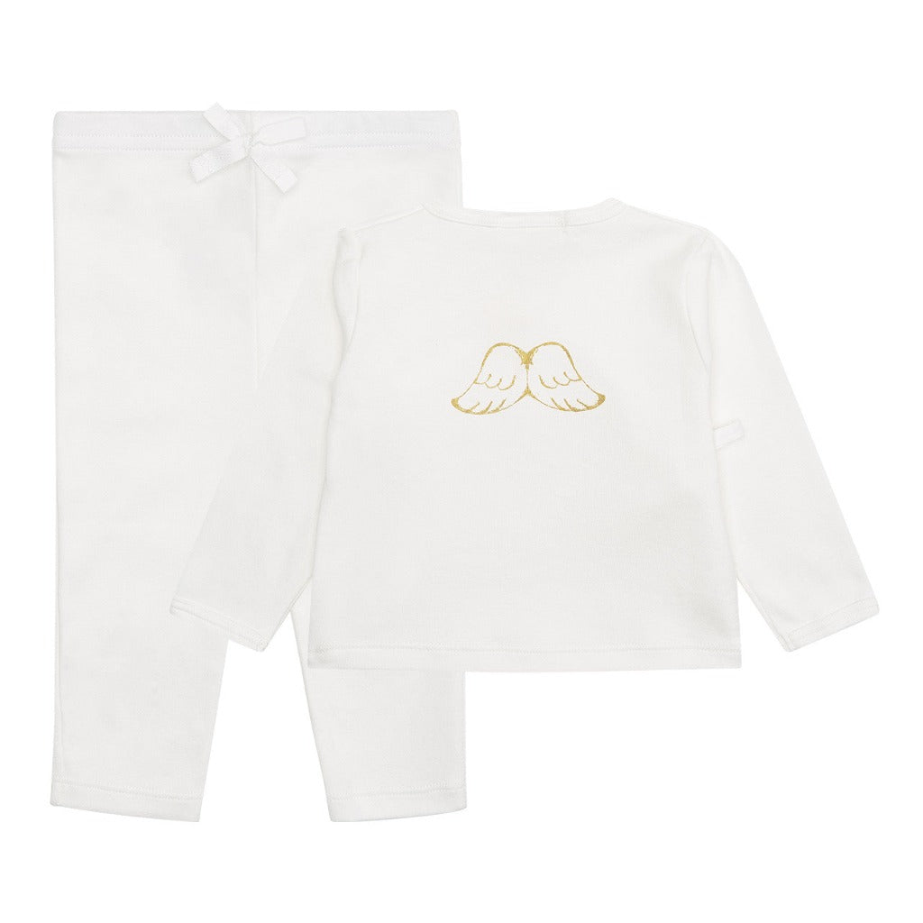 creamy white baby jersey two peice set including cross over white top with gold angle wings on the back, draw string matching creamy white jersey pants and a matching draw string bag by Marie Chantal