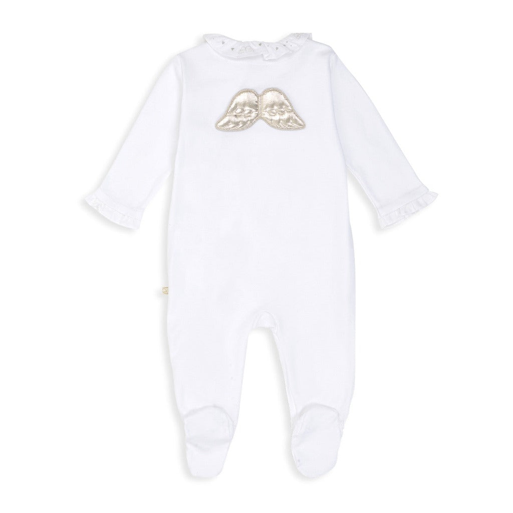 Luxury Marie Chantal white baby sleepsuit with silver angel wings on the back