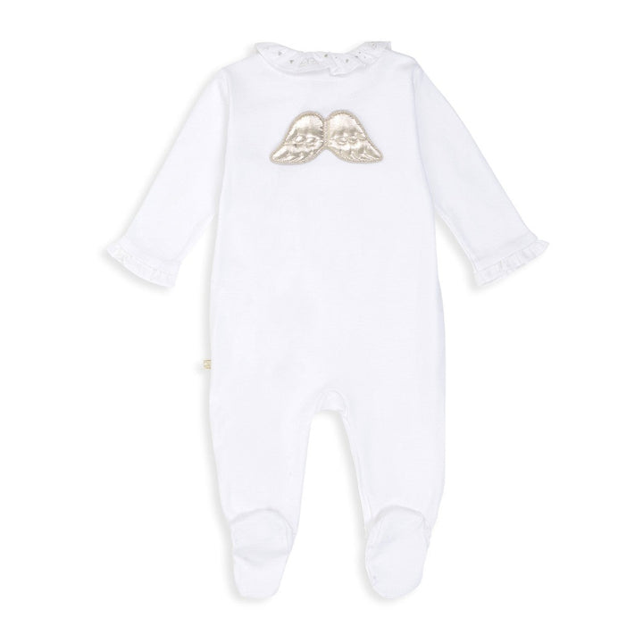 Luxury Marie Chantal white baby sleepsuit with silver angel wings on the back