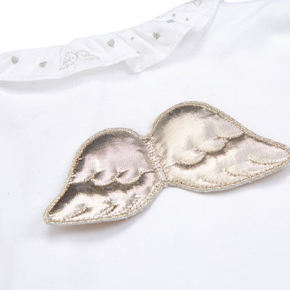 Luxury Marie Chantal white baby sleepsuit with silver angel wings on the back