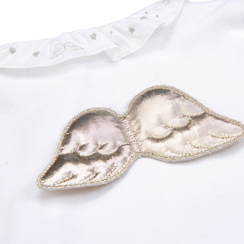 Luxury Marie Chantal white baby sleepsuit with silver angel wings on the back