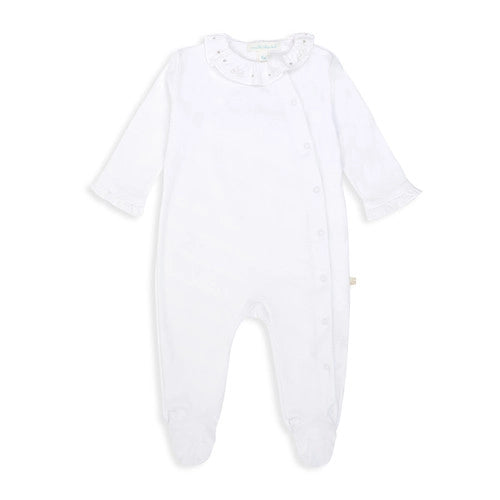 Luxury Marie Chantal white baby sleepsuit with silver angel wings on the back