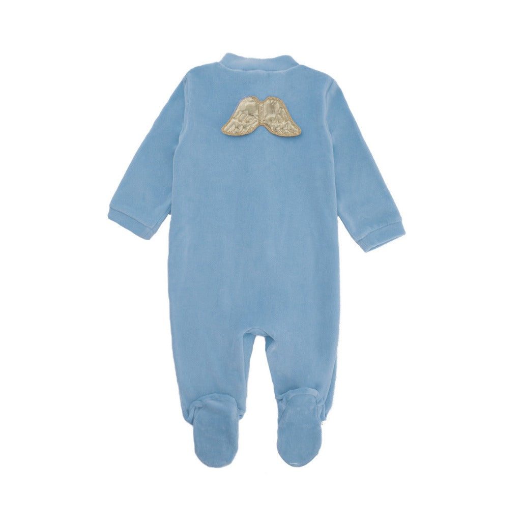 Marie Chantal Angel Wing Gold Velour Baby Sleepsuit In Dusty Blue Luxury Baby Clothes Baby Boy Gift