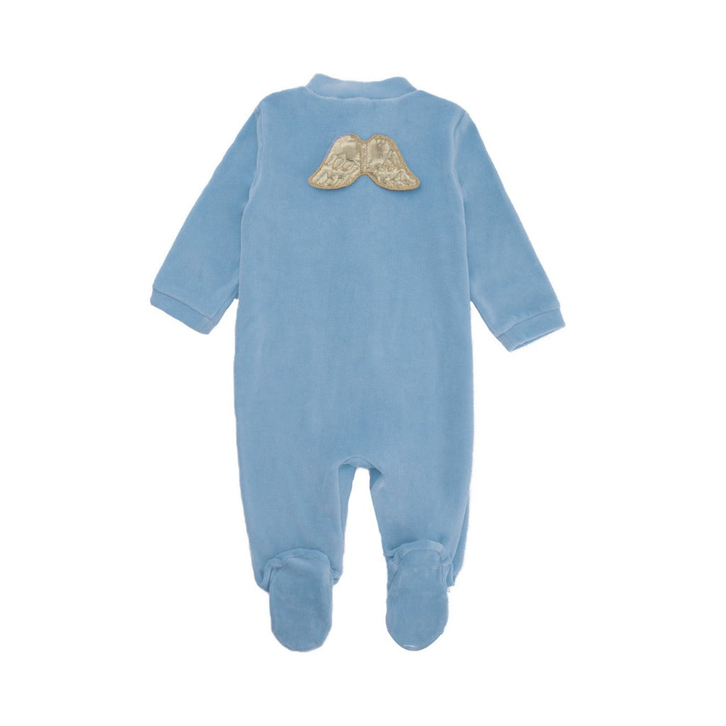 Marie Chantal Angel Wing Gold Velour Baby Sleepsuit In Dusty Blue, Luxury Baby Clothes, Baby Boy Gift