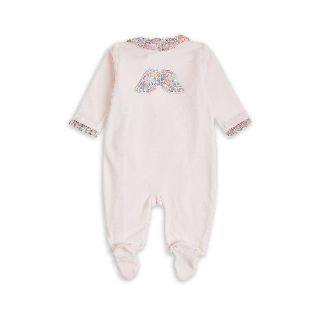 Pink velour baby sleepsuit with liberty print ruffle collar , liberty print angel wings and ruffle around the sleeve comes in a beautiful Marie Chantal  gift box a 