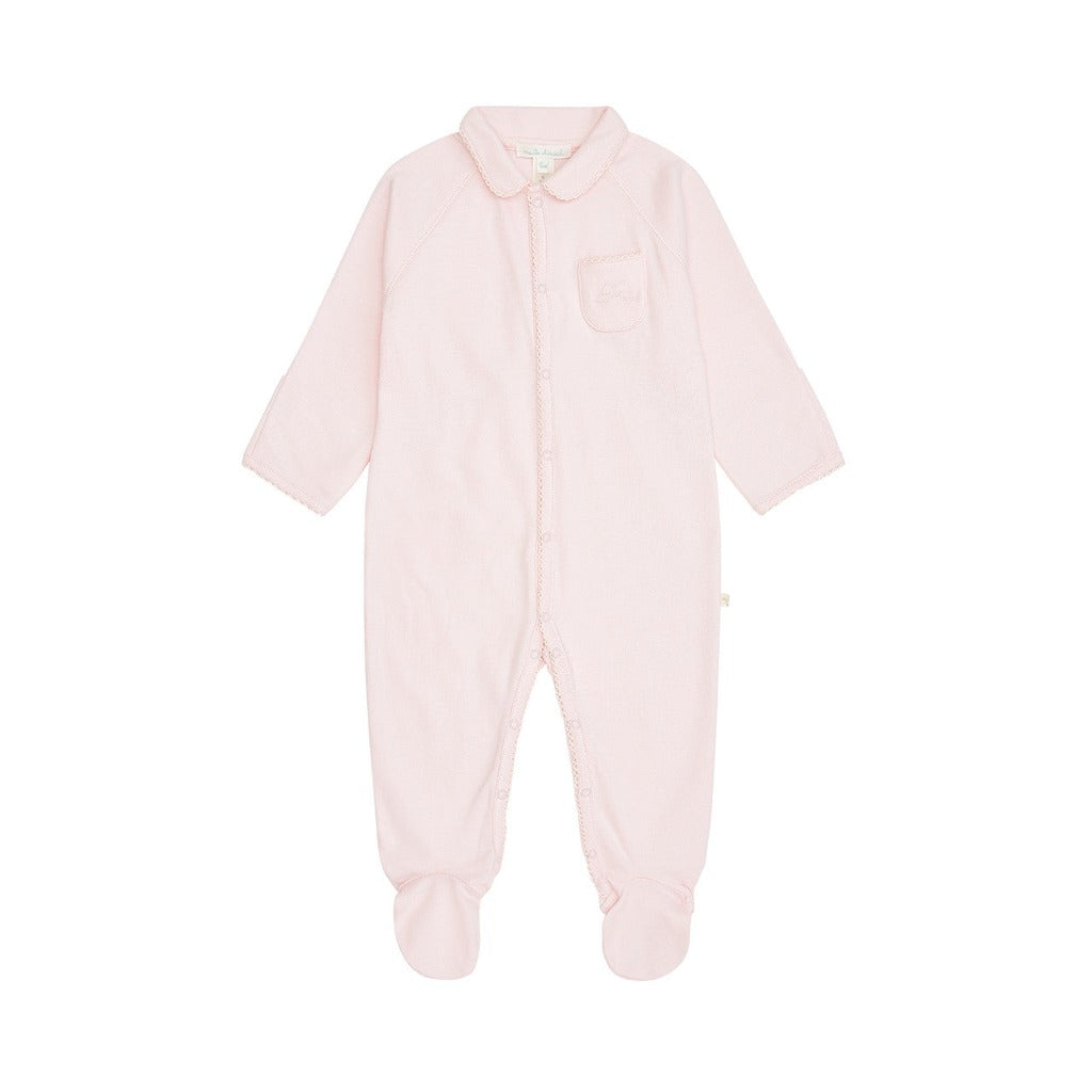 Luxury pink baby sleepsuit with angel wings embroidered on the pocket by Marie Chatal