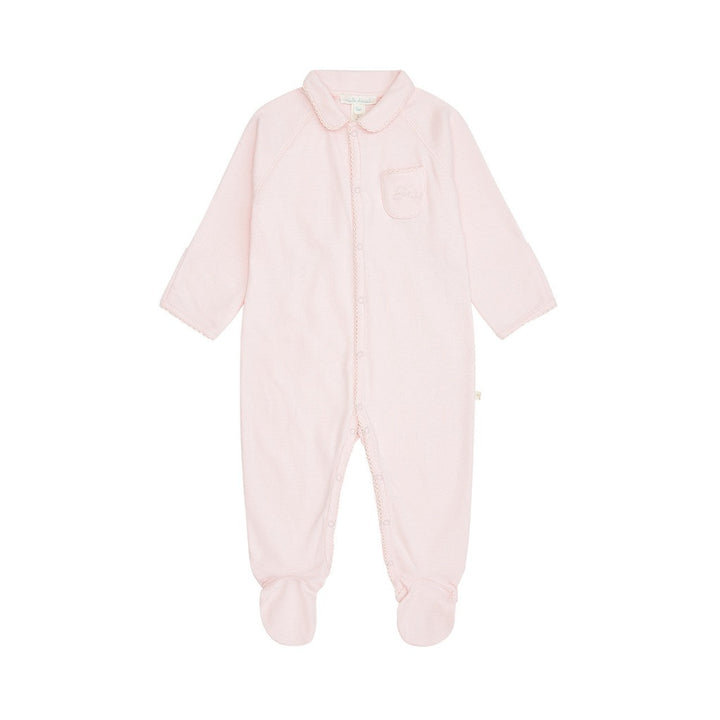 Luxury pink baby sleepsuit with angel wings embroidered on the pocket by Marie Chatal