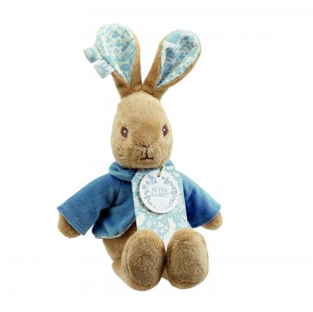 Peter rabbit baby soft toy white lines ears in blue floral design