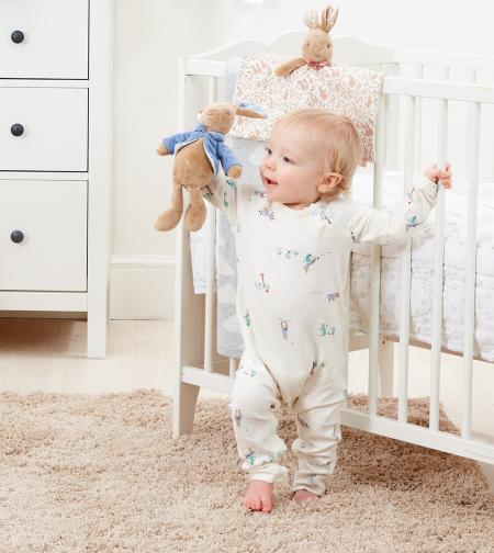 Peter rabbit baby soft toy white lines ears in blue floral design