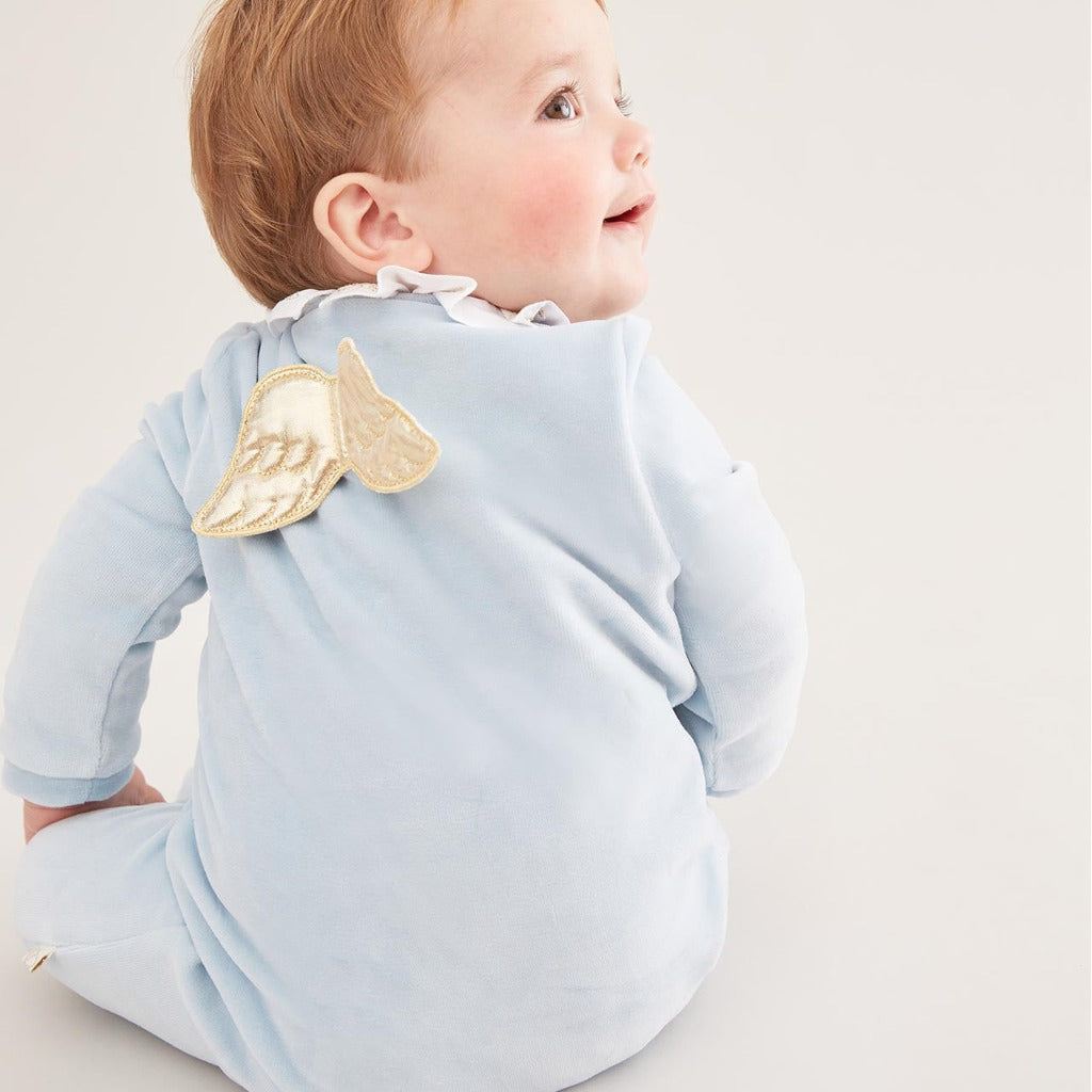 Marie Chantal Angel Wing Gold Velour Baby Sleepsuit In Dusty Blue, Luxury Baby Clothes, Baby Boy Gift