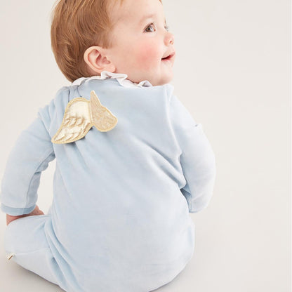 Marie-Chantal Angel Wing Gold Velour Baby Sleepsuit In Dusty Blue, Luxury Baby Clothes, Baby Boy Gift