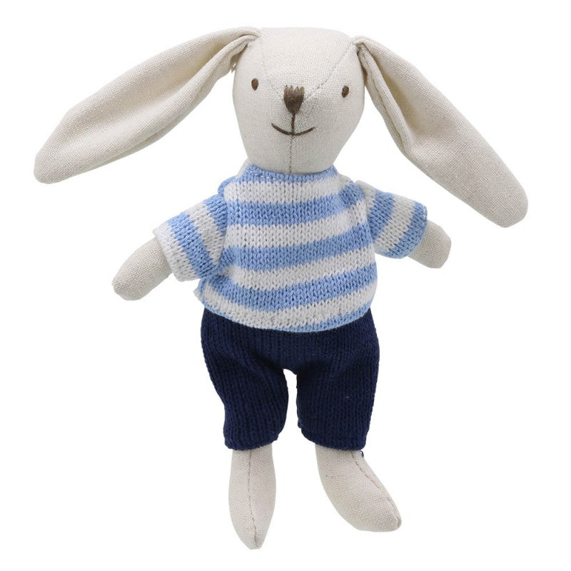 rabbit toy with clothing includes a stiped jumper and navy tousers 