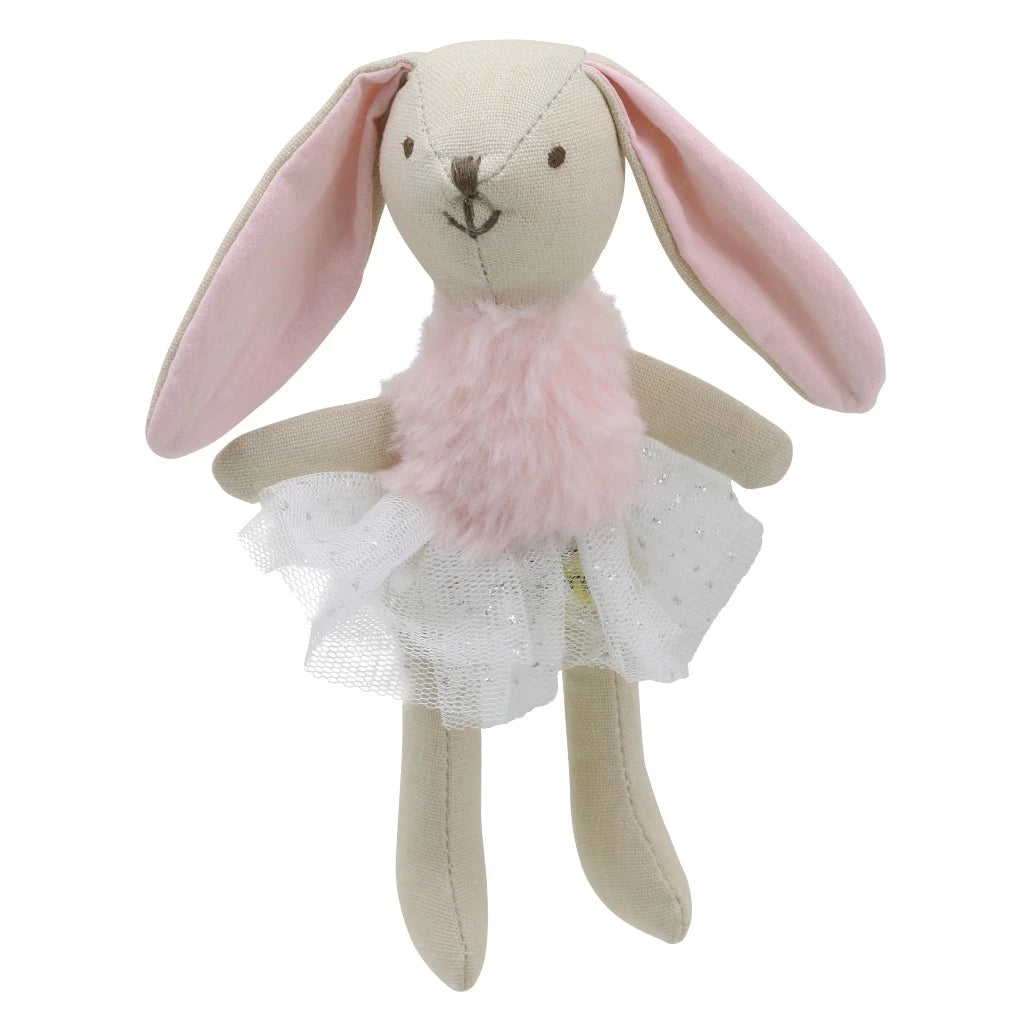 rabbit soft toy woth pink ears and pink and white clothing 