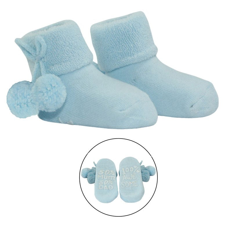 Blue baby pom pom socks with cute wriing on the sole