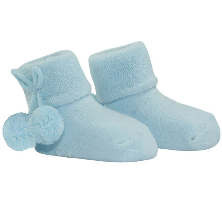 Blue Baby Pompom Socks With Cute Writing On The Sole