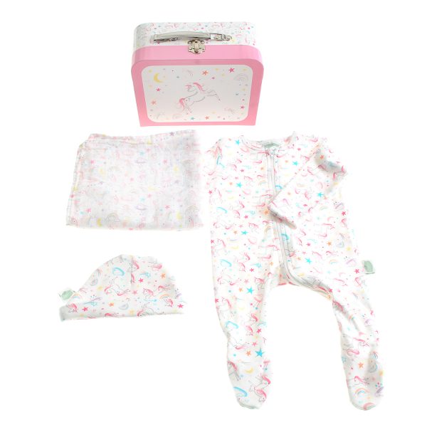 baby case with white and pink unicorn baby zip sleepsuit, muslin and baby hat to match