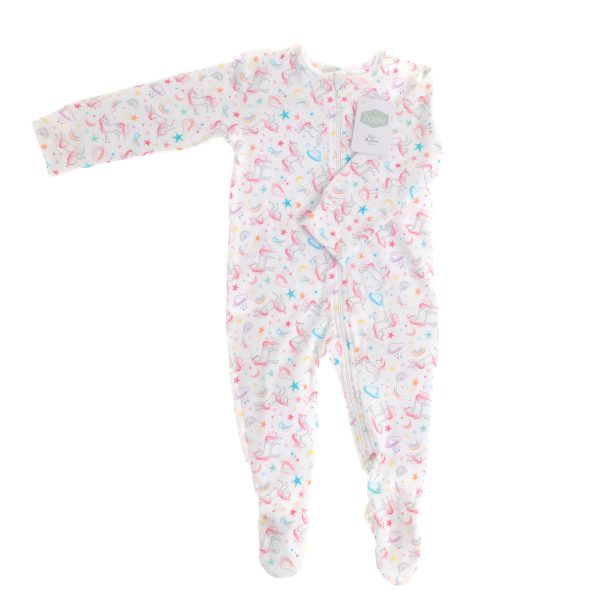 Baby girl zip sleepsuit in white and pink unicorn design