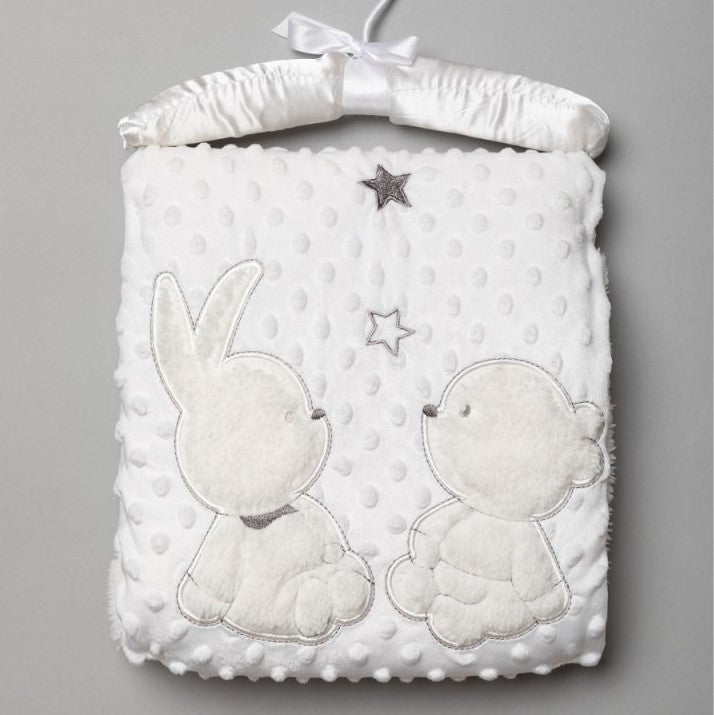 Baby Blanket in white dimple soft fabric on a padded satin hanger, applique rabbit and teddy bear