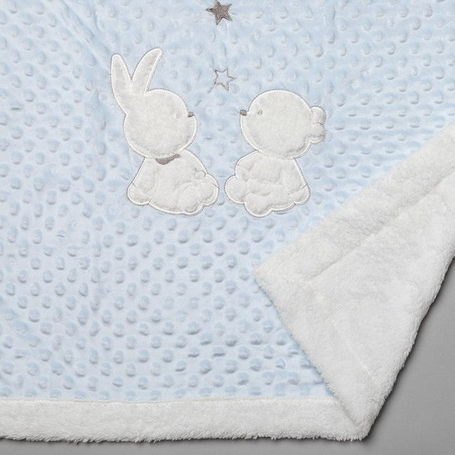 Baby Sky Dimple Blanket With Sherpa Backing  With Applique Bear And Rabbit On A satin Padded Baby Coat Hanger