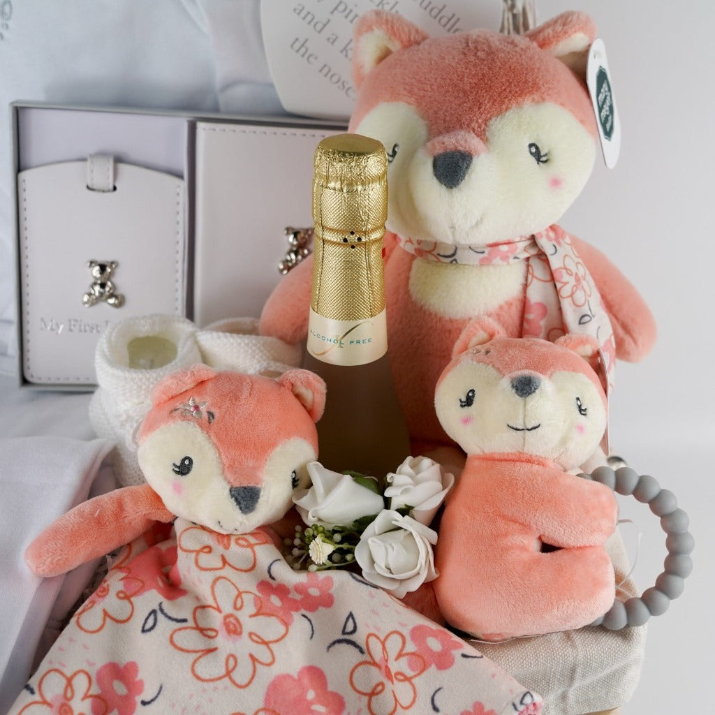 hamper basket with 3 piece baby clothing set, white pu leather baby's firts passport and luggage labels, Friexenet alcohol free fizz, baby soft fox toy, comforter and rattle, booties and white nursery plaque