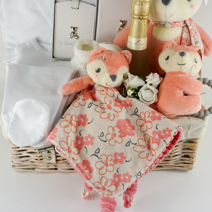 hamper basket with 3 piece baby clothing set, white pu leather baby's firts passport and luggage labels, Friexenet alcohol free fizz, baby soft fox toy, comforter and rattle, booties and white nursery plaque
