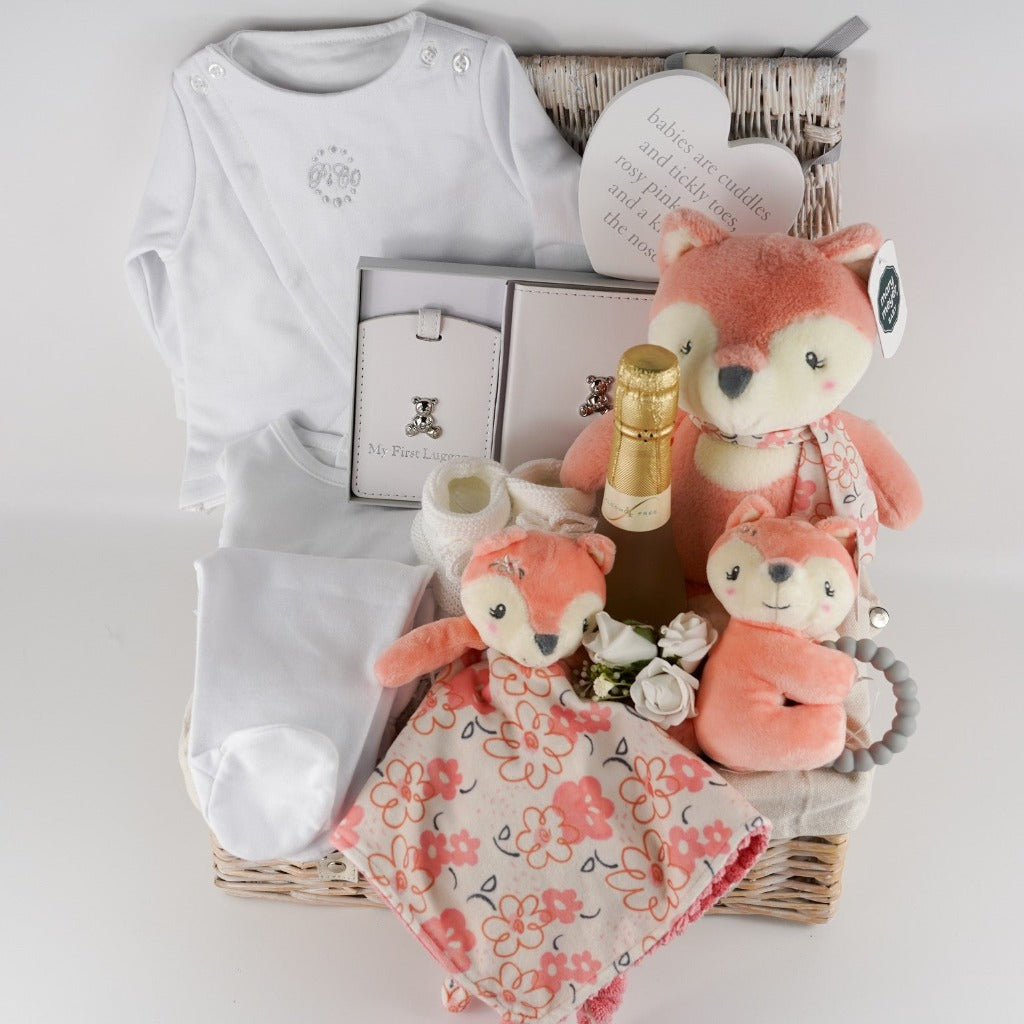 hamper basket with  3 piece baby clothing set, white pu leather baby's firts passport and luggage labels, Friexenet alcohol free fizz, baby soft fox toy, comforter and rattle, booties and white nursery plaque 