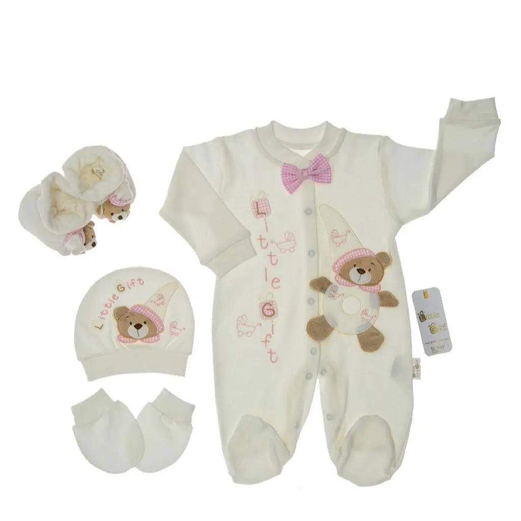 Baby girl layette set, white sleepsuit with applique teddy and pink bow, baby hat with teddy, baby slippers in soft white velour with teddy faces , white mittens