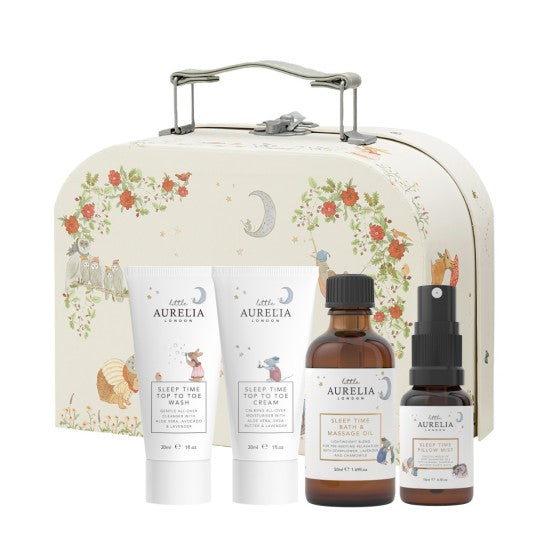 Childs stot=rage suitcase with delightful woodland animal design containing natural baby products by little Aurelia 