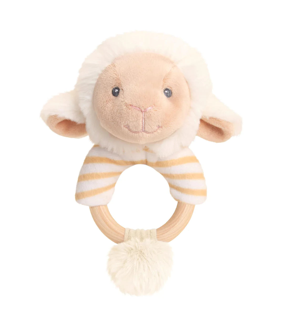 soft lamb head on a wooden ring making this a rattle for baby