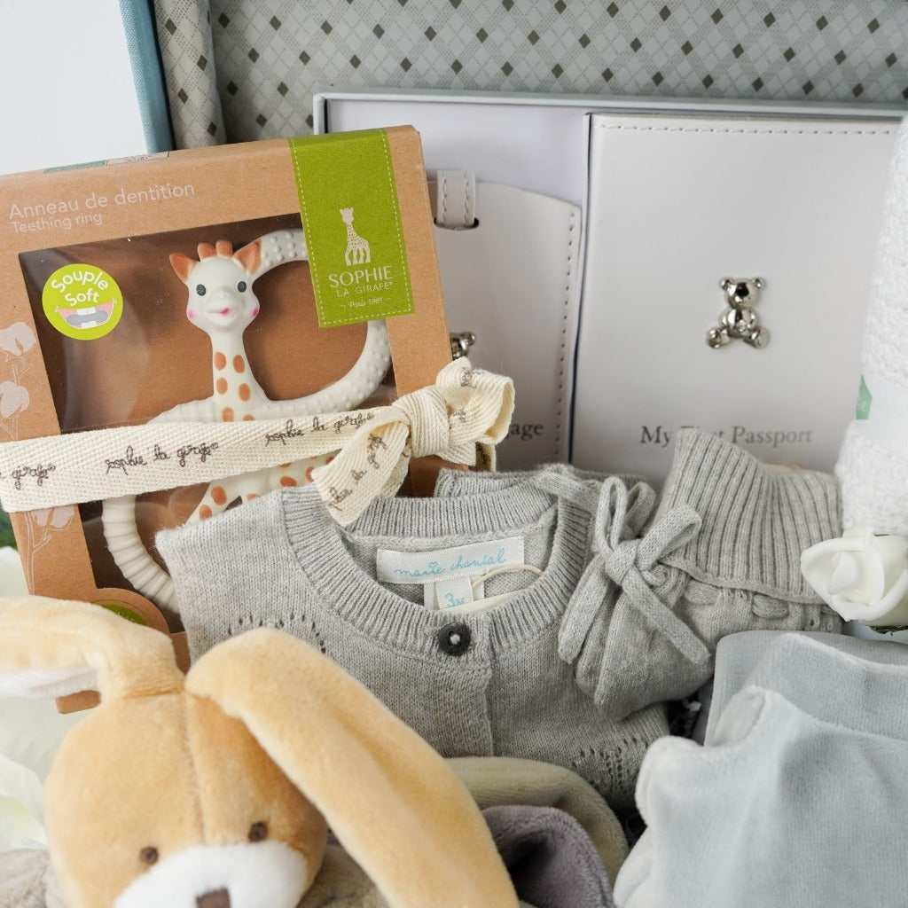 Blue, cream, grey stripe childs keepsake suitcae with luxury baby items including a rabbit comforter in grey, cream and white, sophie la giraffe teether, Luxury grey cashmere mix baby cardigan, baby passport holder and luggae tag in white with a silver plated teddy, velour baby sleepsuit with angel wings in silver, organic baby toiletries