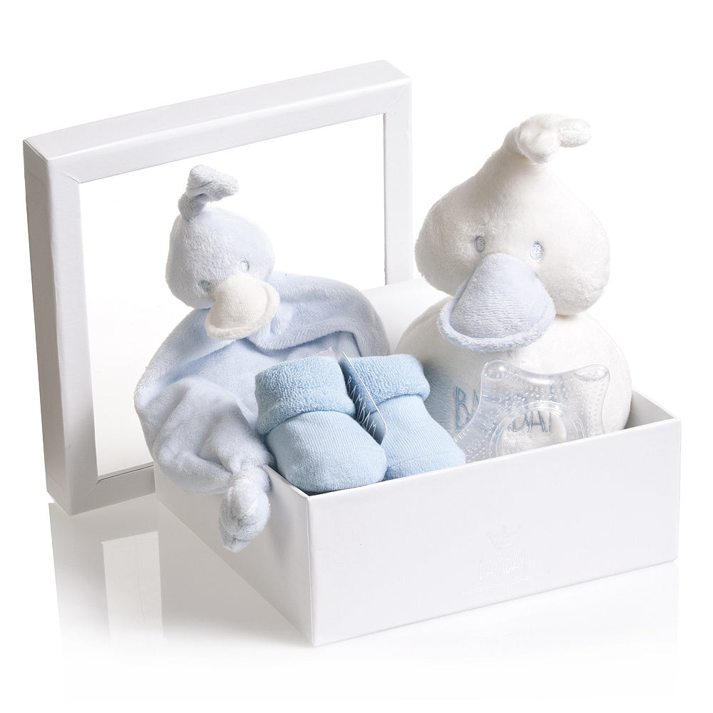 Luxury baby boy gift hamper with a pale blue duck comforter , white and blue duck, knitted baby sock and a star silicon teether