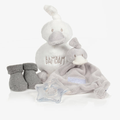 Grey and white boxed baby gift, babu soft duck, baby duck comforter in grey, baby socks , start teether