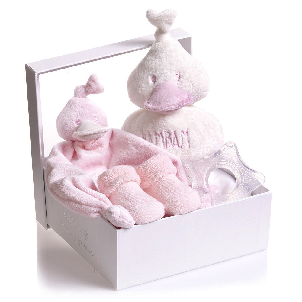 Baby Girl Gift Set, Baby Duck Soft Toy and Duck Rattle Teether,  Baby Girl Socks, Luxury Baby Gifts