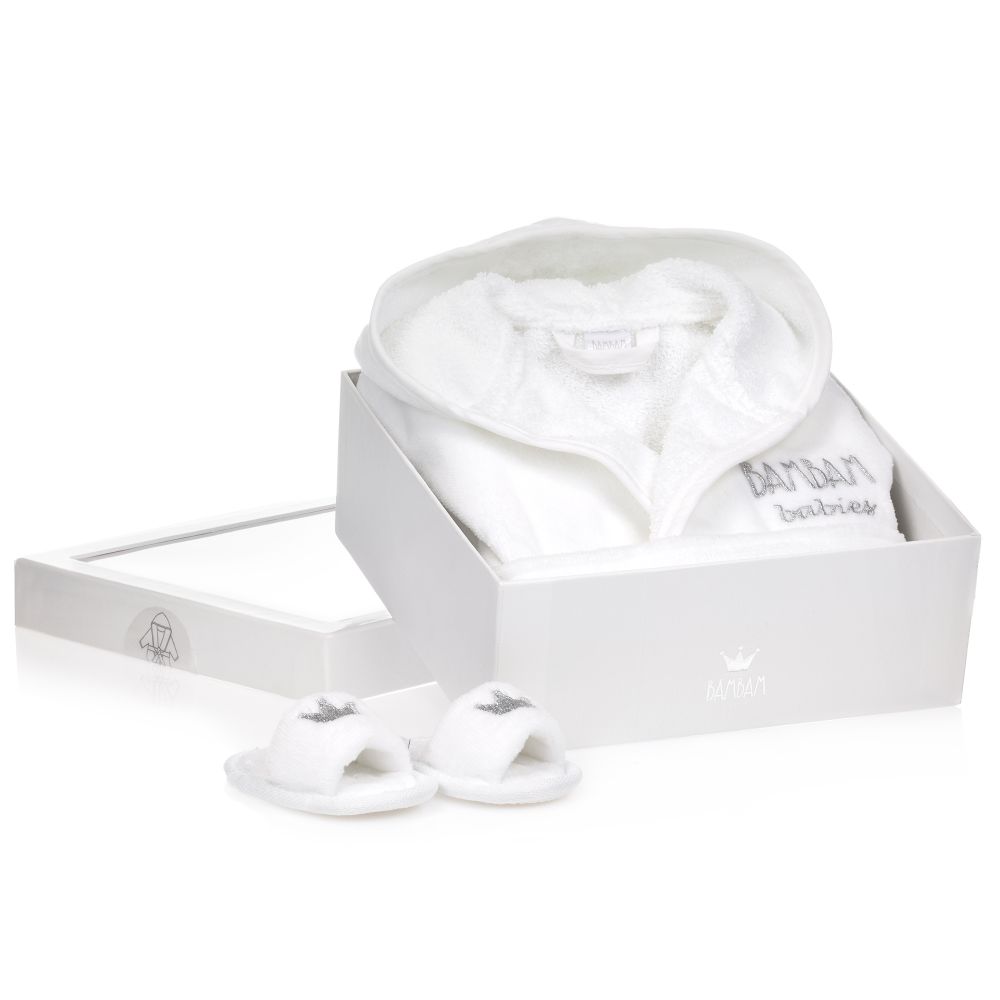 White towelling baby dressing gown and matching slippers with silver crown embroidery all in a luxury gift box